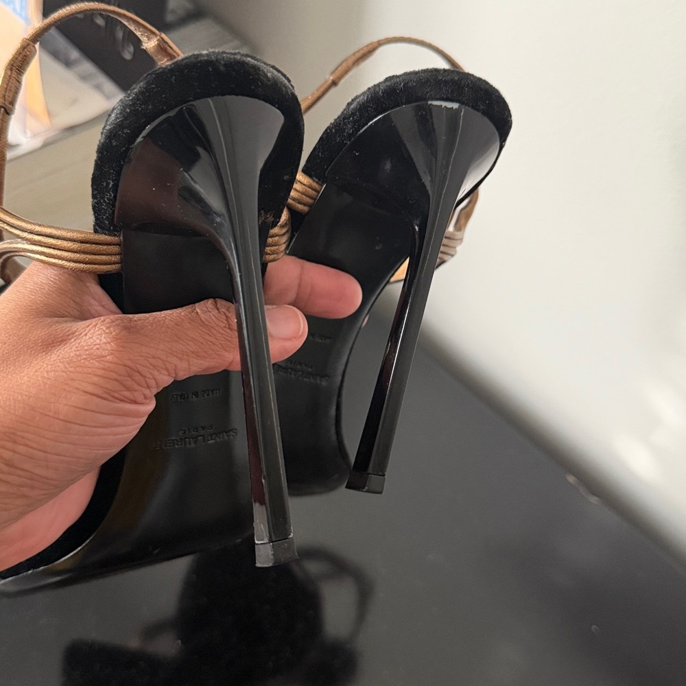 Saint Laurent Black and Gold Strappy Heels - Picture 9 of 10